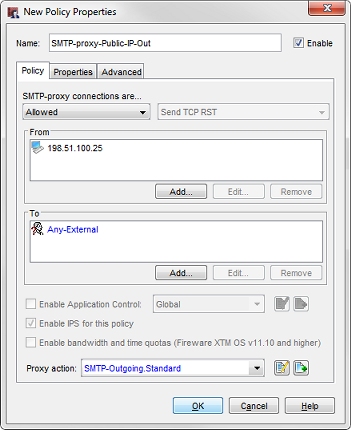 Captura de pantalla de la política Proxy SMTP de IP Pública de Salida